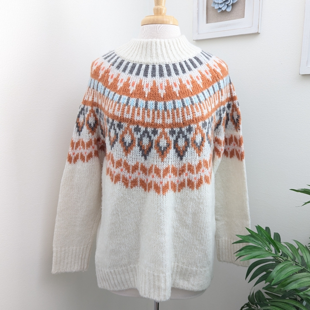 Aerie Fair Isle Mock Neck Oversized Chunky Knit Sweater Cream Rust Small
